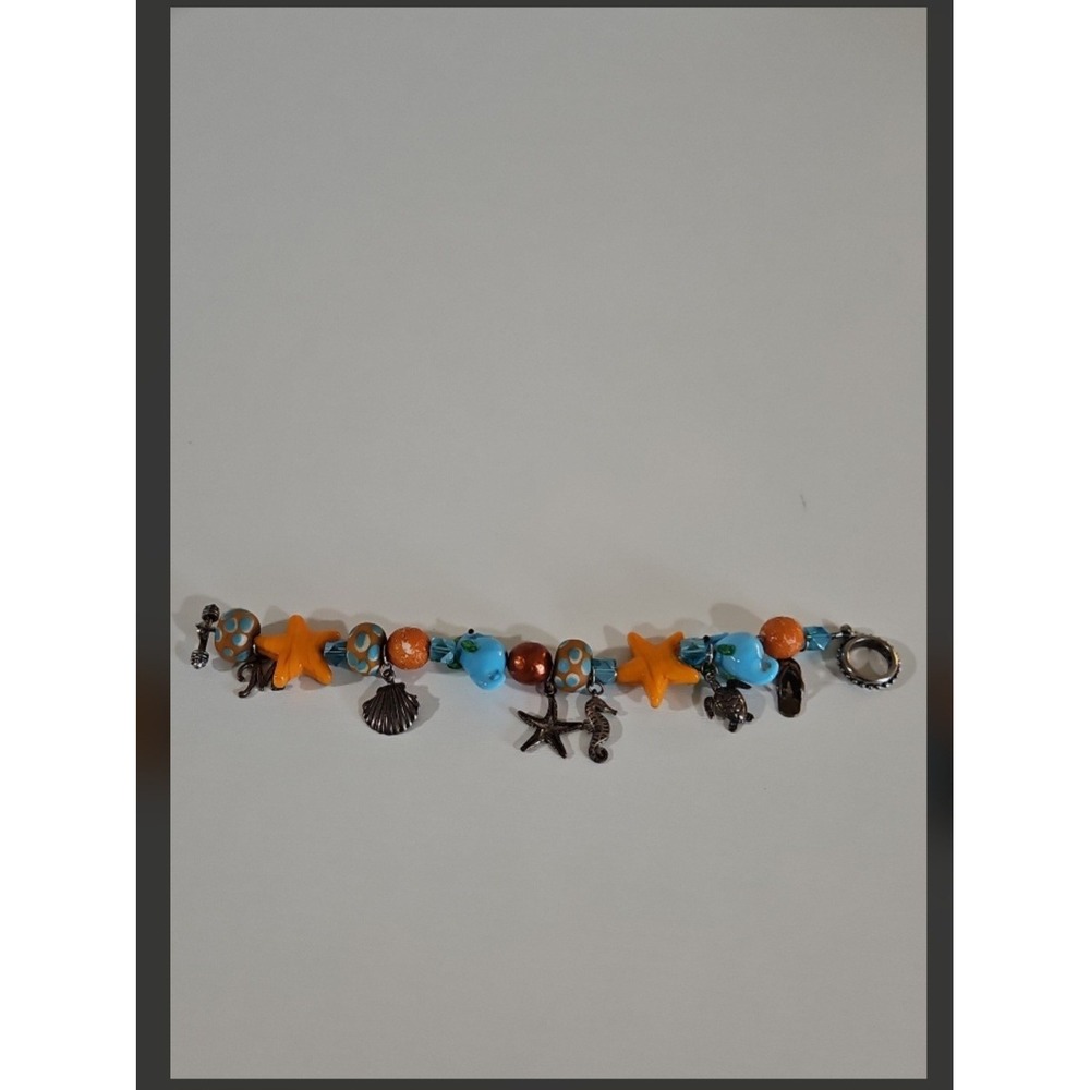Artisan Nautical Ocean Theme Lampwork Glass & Pewter Charm Bracelet 8" - Picture 3 of 3